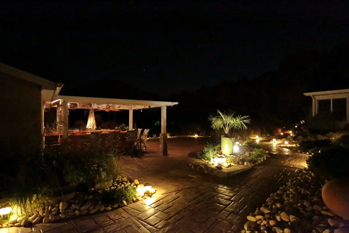 Paver patio, lit
